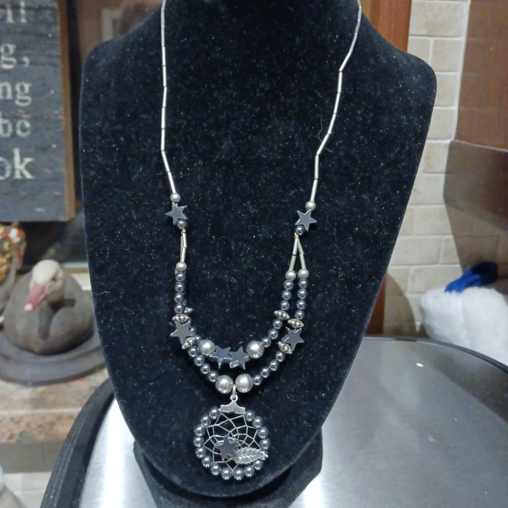 Women's 18' Silvertone & Hematite Dreamcatcher Statement Necklace.